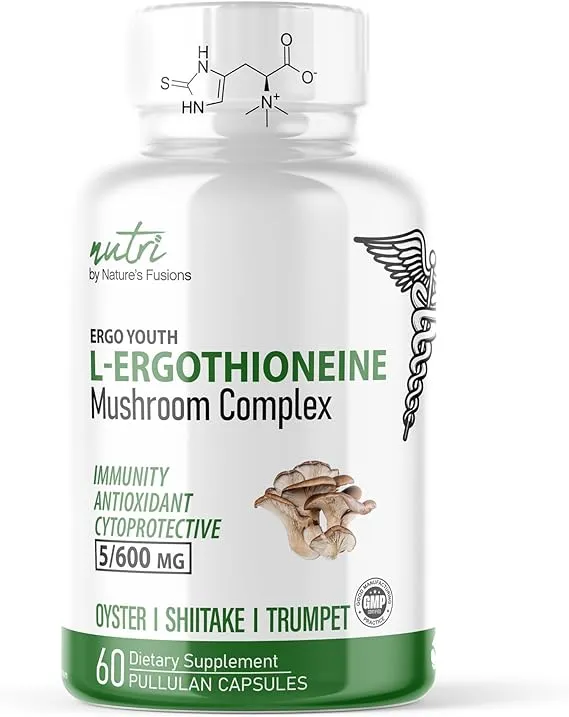 Nutri L Ergothioneine Supplements With Organic Mushroom Complex - 5mg L-Ergothioneine & 600mg Organic Mushroom Extracts, Organic Oyster, Organic Shiitake and Organic King Trumpet 600 mg- 60 Capsules