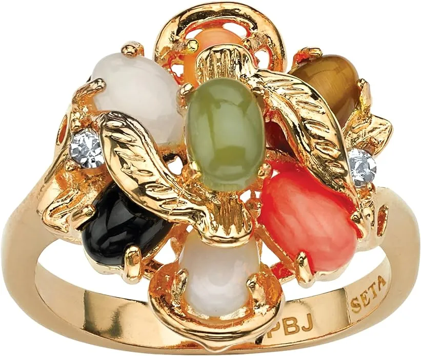 Palmbeach Jewelry Coral, Opal, Jade, Onyx And Tiger's-Eye Cluster Ring In Gold-Plated, Green, 7