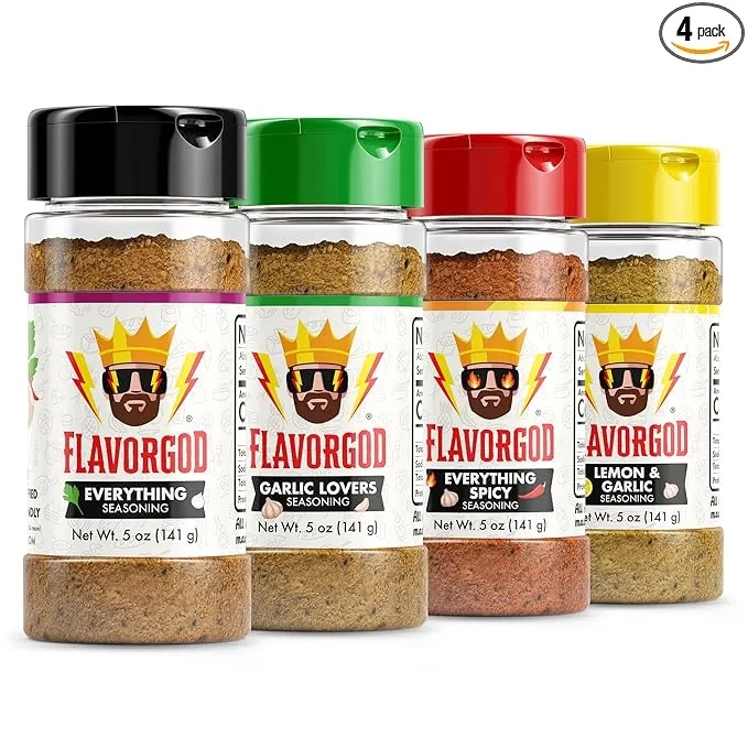 Flavor God Classic Combo Pack Of 4 Seasoning & Spices For Cooking, Everything, Everything Spicy, Garlic Lovers, Lemon & Garlic, Low Sodium, Healthy Herbs Keto Spice Set, Chicken, Beef, Seafood & Eggs