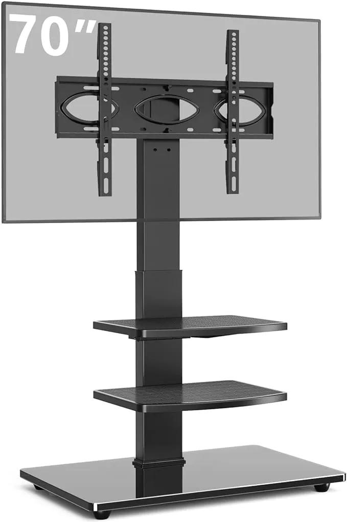 Rfiver Swivel Floor TV Stand with VESA Mount for 32 39 40 43 49 50 55 60 65 70 Inch Flat Screens/Curved TVs, 3-Shelf Tall Narrow TV Stand with Tempered Glass Base, Black Height Adjustable Mount Stand