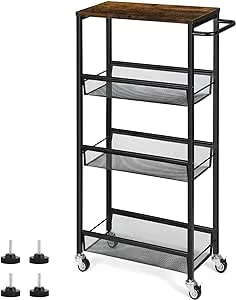 4 Tier Slim Rolling Cart, Narrow Shelf Storage Cart for Small Space, Slide Out Narrow Cart with Wooden Top, Metal Handle and Wire Mesh for Narrow Space on Kitchen, Bathroom, Laundry Room, Black.