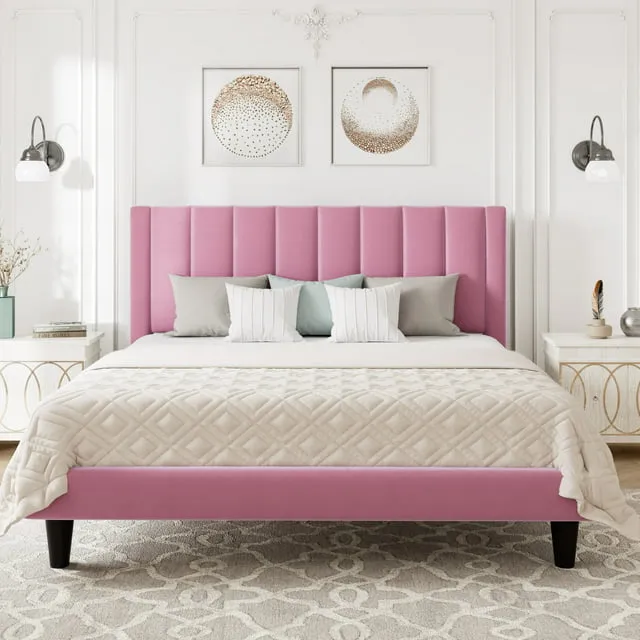 Allewie Queen Velvet Upholstered Bed Frame with Vertical Channel Tufted Headboard, Light Pink