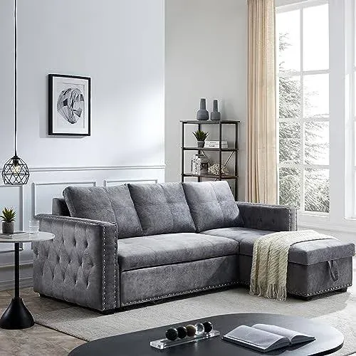 Velvet Sleeper Sofa Sectional Sofa Bed with Storage in Gray