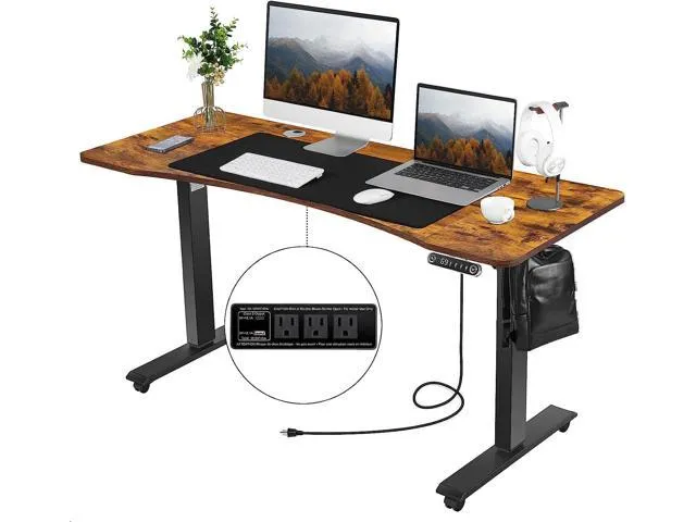 Electric Standing Desk with Power Outlets, 55 x 24 Inches Stand Up Desk, Home Office Desks Sit Stand Desk with Splice Board, Brown Top/Black Frame