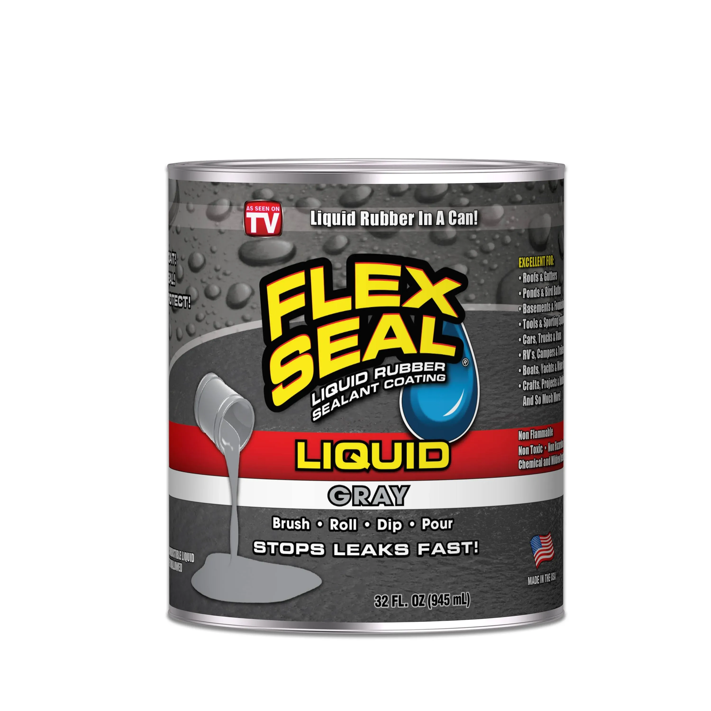 Flex Seal Liquid, 32 oz, Gray, Liquid Rubber Coating Sealant, Waterproof, Flexible, Breathable, and UV Resistant, Roof Repair, Basements, RV, Campers, Trailers, Marine, EPDM, Masonry