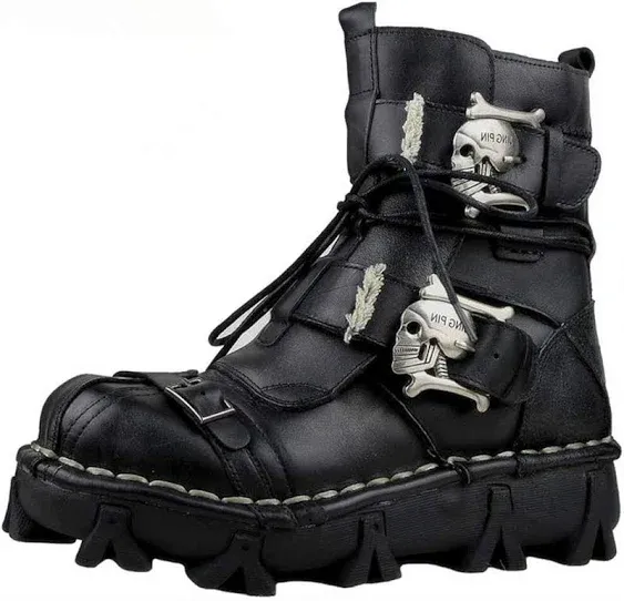 Mens Black Genuine Leather Military Army Boots Gothic Skull Punk