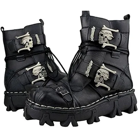 Mens Black Genuine Leather Military Army Boots Gothic Skull Punk Motorcycle Boots