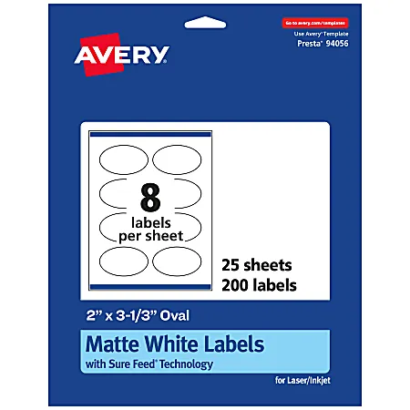 Avery® Matte Labels With Sure Feed, 94056-WMP25, Oval, 2" x 3-1/3", White, Pack Of 200 Labels