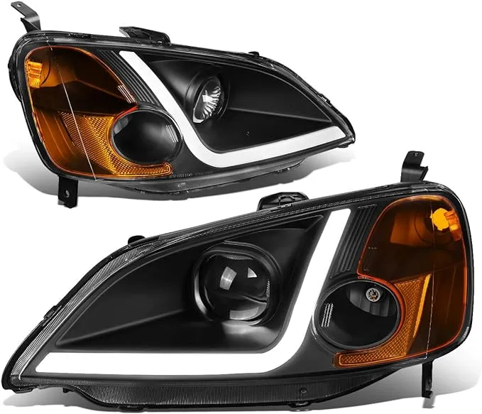 DNA MOTORING Pair LED DRL Projector Headlights Compatible With 01-03 Honda Civic Coupe/Sedan, Black/Amber, HL-LB-HC01-BK-AM