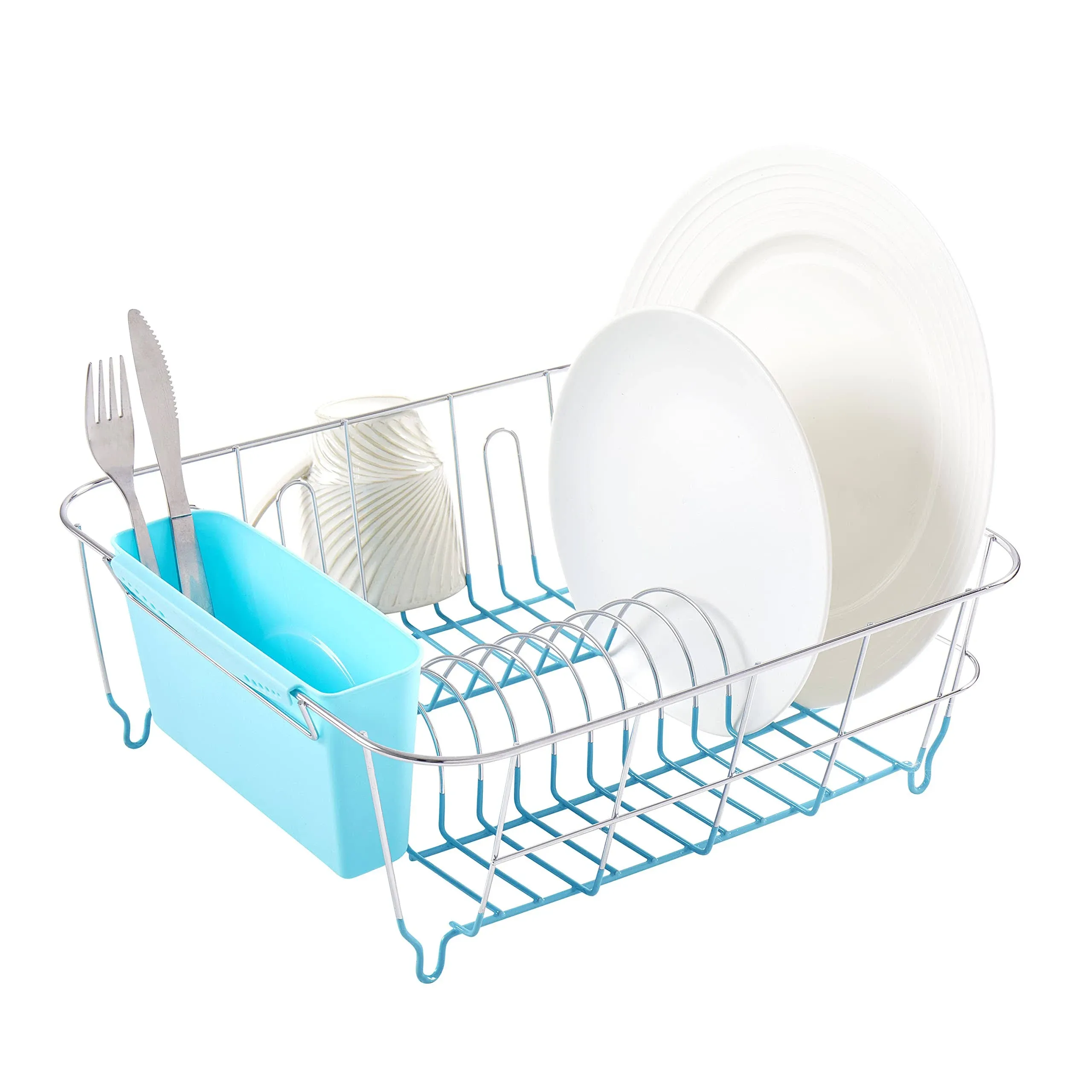 2-Piece Dish Drying Rack & Cutlery Holder Set - Compact Sink-Fitting Dish Drainer with Rubberized Undercoating, Space-Saving Kitchen Organizer for Plates, Cups, Bowls & Utensils, Navy Blue