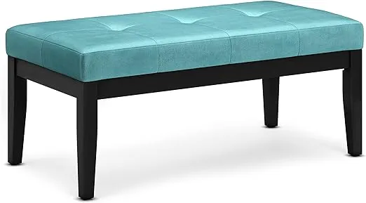 Simpli Home Lacey Tufted Ottoman Bench in Aqua Velvet Fabric