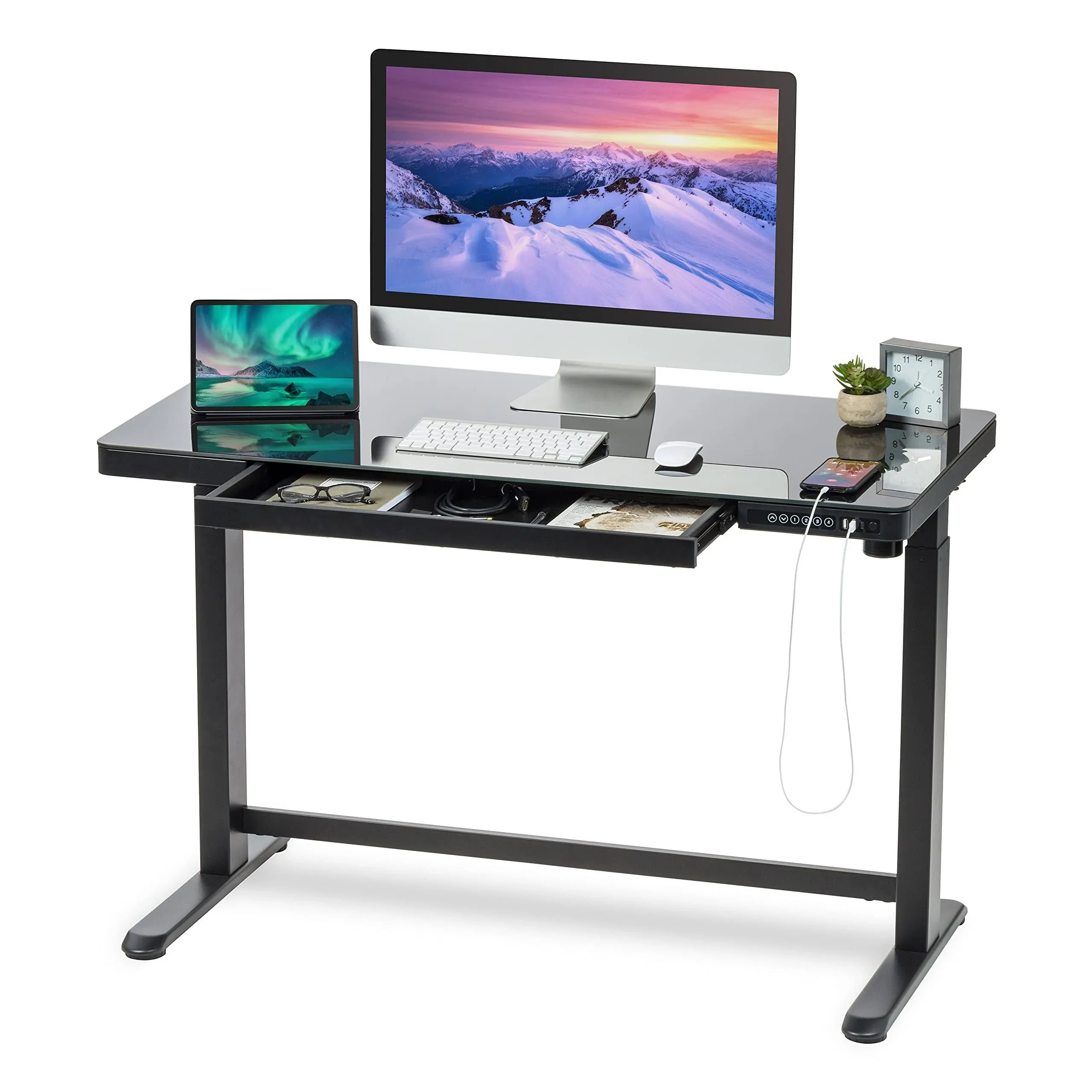 Iris USA Electric Standing Desk Height Adjustable with USB Port (GLASS Top)