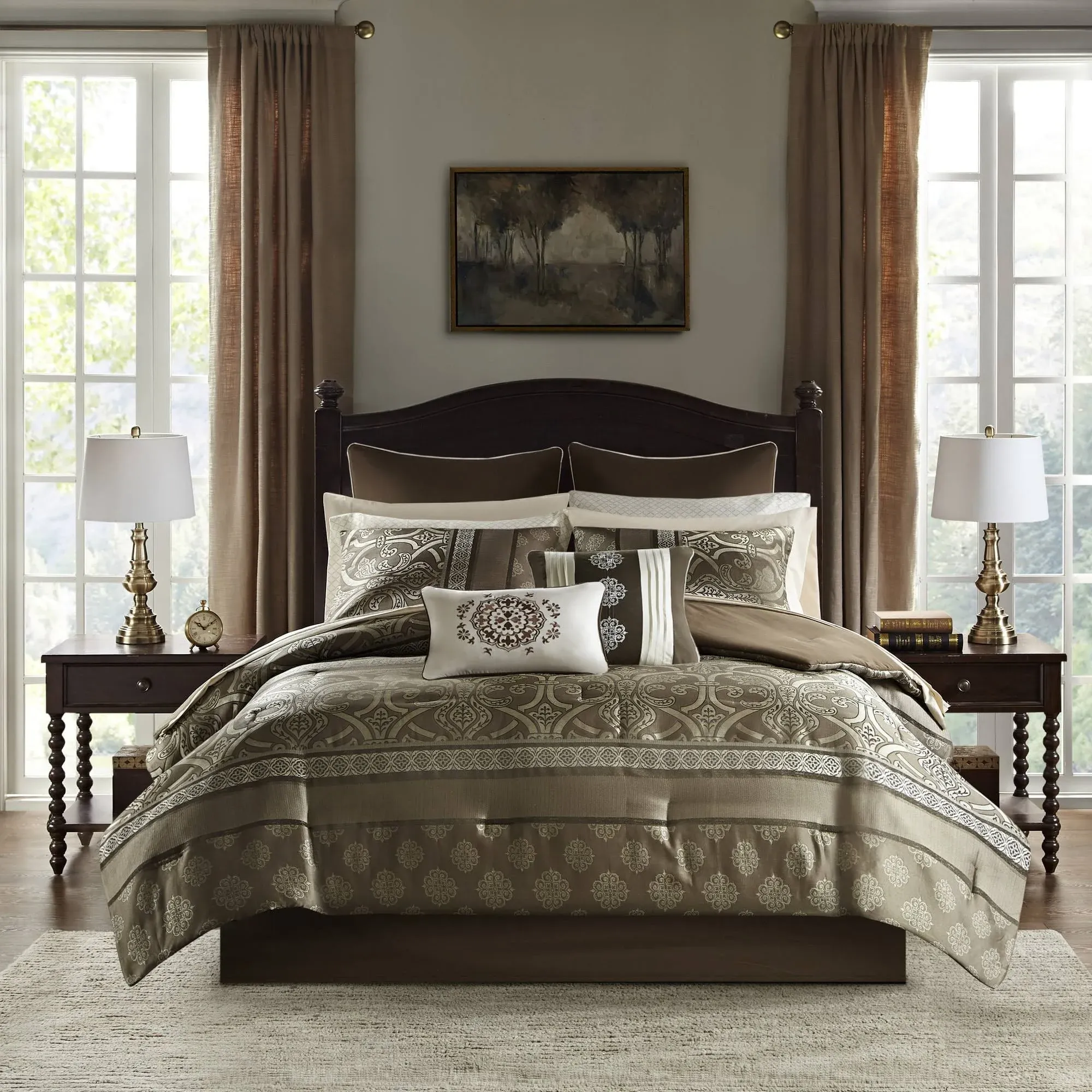 Madison Park Essentials - Zara 16 Piece Jacquard Complete Bedding Set with 2 Sheet Sets - Brown - Cal King