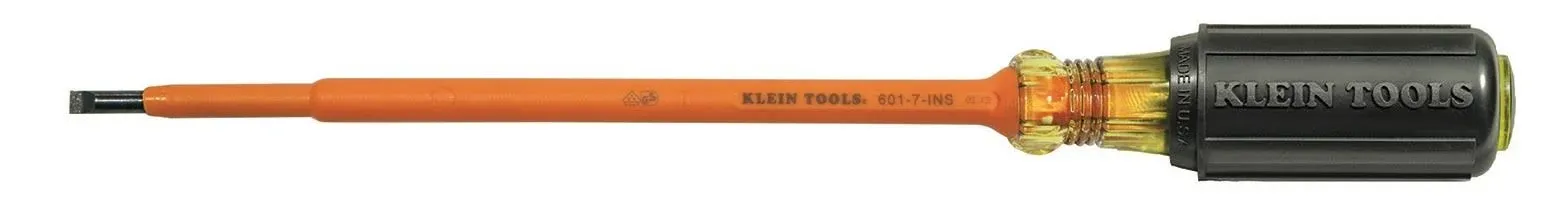 Klein Tools 601-7-INS Insulated 3/16&#039;&#039; Cabinet-Tip 7&#039;&#039; Round-Shank Screwdriver