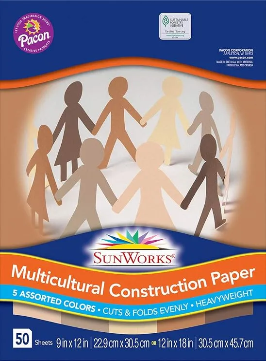 Pacon, 9509, Multicultural Construction Paper, 9 inch x12 inch, 5 Assorted Colors, 50 Sheets/Pack, Sold As 3 Pack, Total 150 Sheets