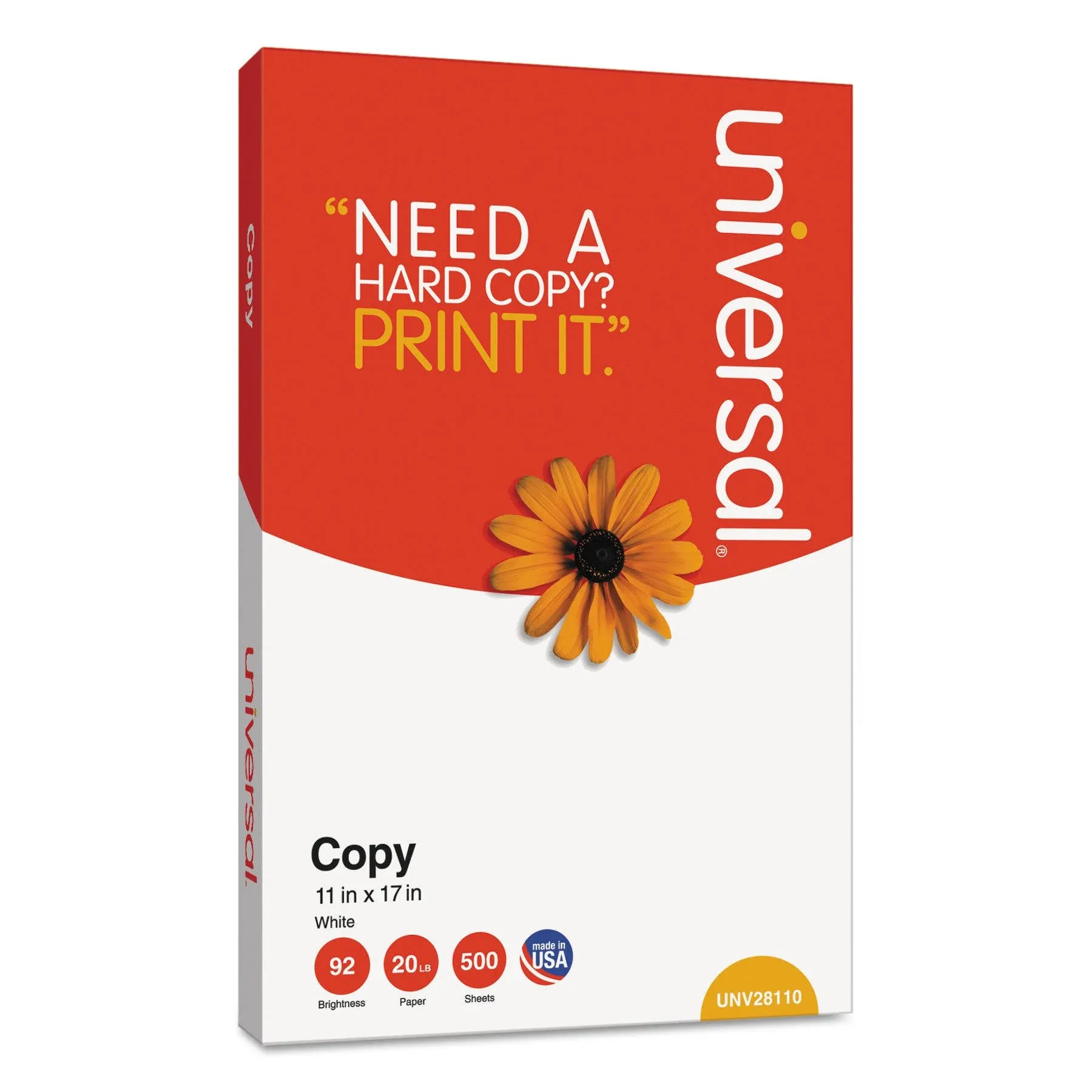 Universal Copy Paper, 92 Bright, 20 lb Bond Weight, 11 x 17, White, 500 Sheets/Ream