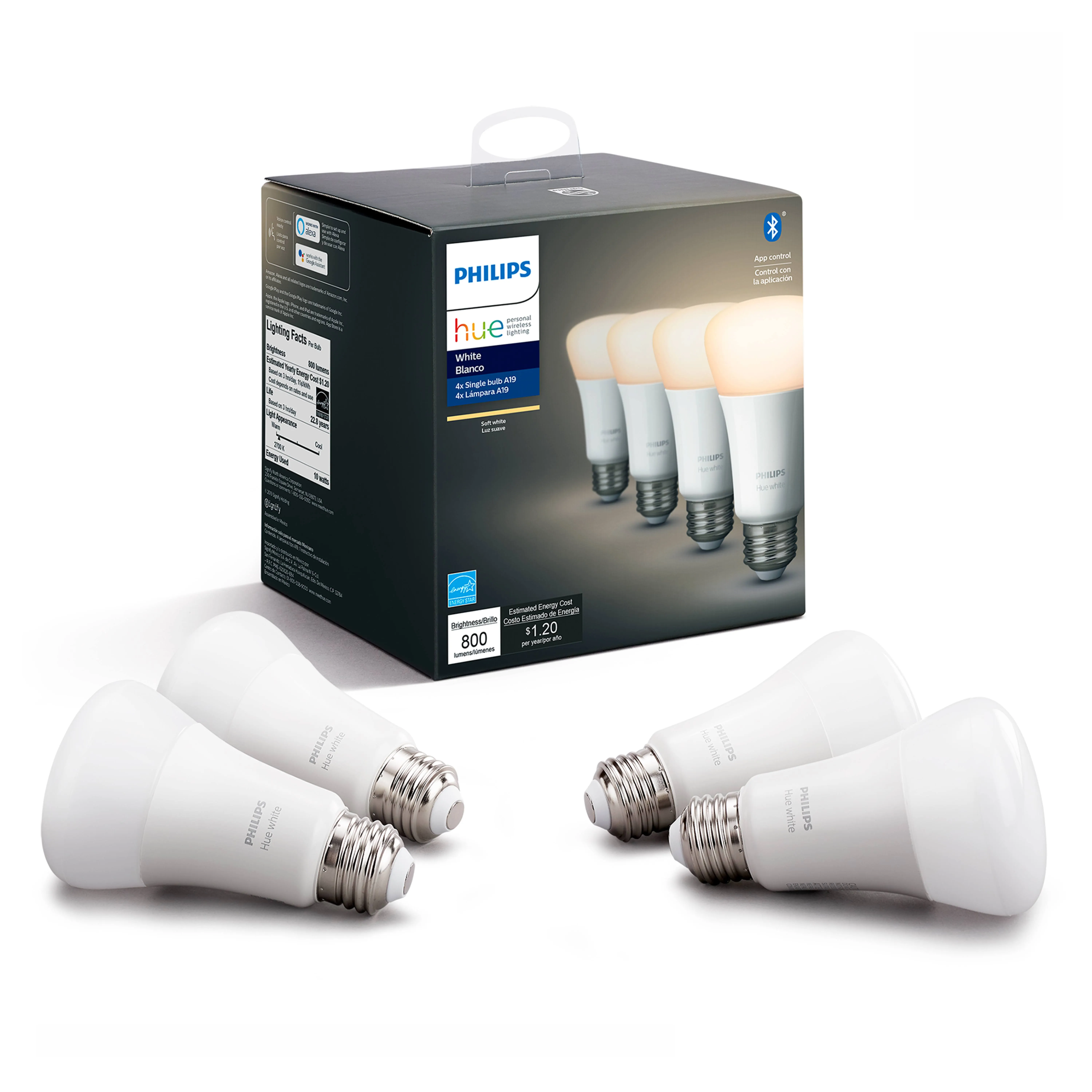 Philips Hue White A19 Bluetooth Smart LED Bulb 4 Pack