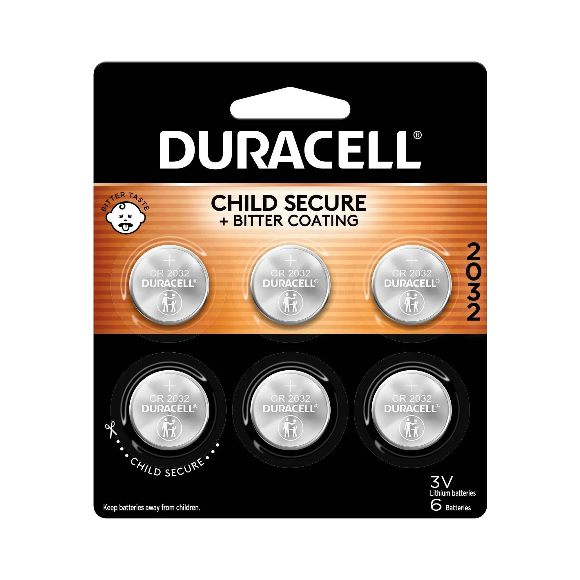 Duracell CR2032 3V Lithium Battery, Child Safety Features, 6 Count Pack, Lithium Coin Battery for Key Fob, Car Remote, Glucose Monitor, CR Lithium 3 Volt Cell