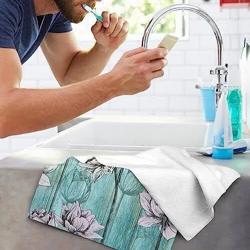 Flowers on Teal Wooden Bathroom Hand Towels for, Retro Floral Bath Hand Towels for Bathroom Decorative Set of 2 for Farmhouse Gym Kitchen Hotel Home Decorations