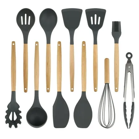 Silicone Cooking Kitchen Utensil Set 11 pcs Cooking Utensils Set Wooden Handle BPA Free Non Toxic Silicone Turner Tongs Spatula Spoon Kitchen Gadgets Utensil for Nonstick Cookware