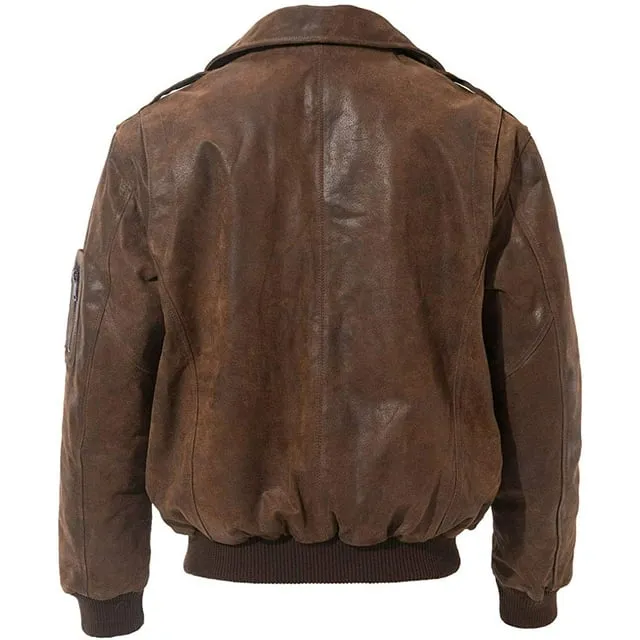 Flavor Men's Leather Bomber Jacket Brown Air Force Aviator, XL, Brown