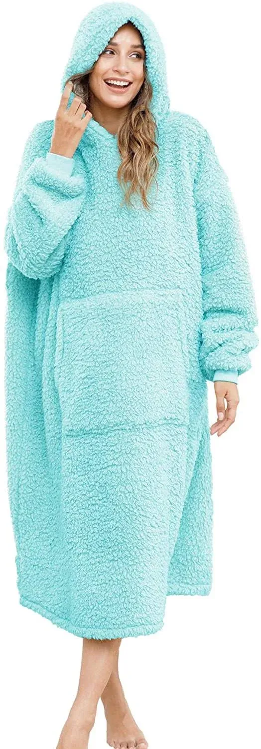 Sherpa Wearable Blanket Oversized Hoodie Sweatshirt TV Blanket with Long Sleeves and Pocket,One Size Fit All,Lakeblue