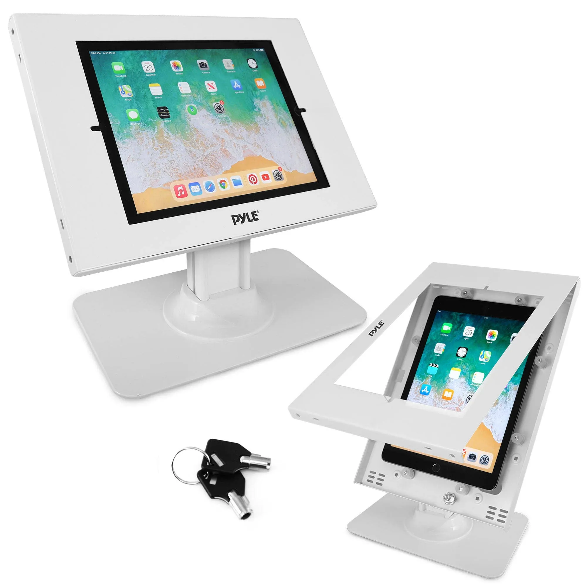 Pyle Anti Theft Tablet Security Stand - Table Mount Desktop Ipad Kiosk Stand w/Lock and Key Mechanism, 90° Rotate 75° Tilt - iPad, iPad Air, iPad Pro, Samsung Galaxy Tab A (2023) PSPADLK18, White