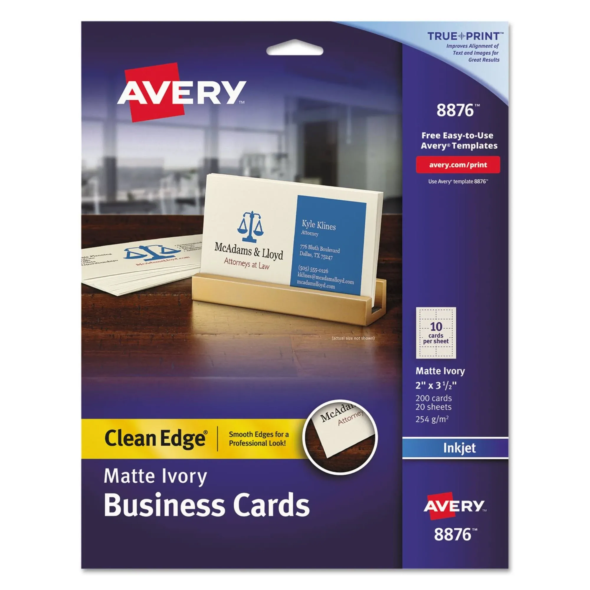 Avery True Print Clean Edge Business Cards Inkjet 2 x 3 1/2 Ivory 200/Pack