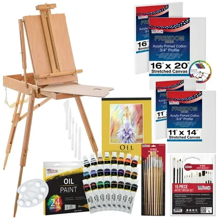 U.S. Art Supply 63-Piece Artist Oil Painting Set with Coronado French Style Sketch Box Easel 24 Oil Paint Colors 25 Brushes 4 Stretched Canvases Oil Painting Paper Pad 2 Paint Palettes & 5 Knives