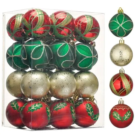 Christmas Tree Decorations Set, 24ct Red Green and Gold Shatterproof Christma...