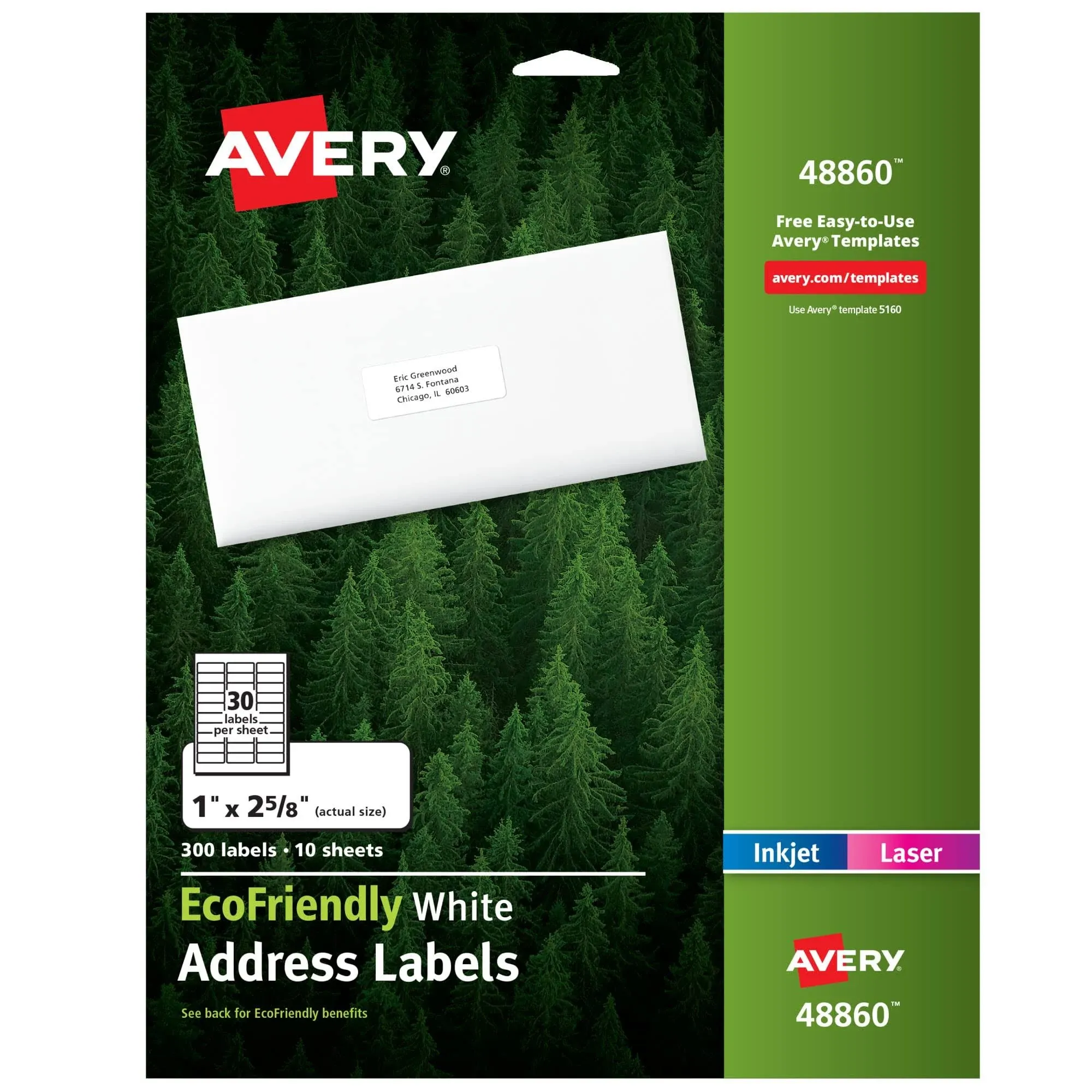 Avery 48160 EcoFriendly Laser/Inkjet Address Labels, 1 x 2-5/8, White, 750/Box