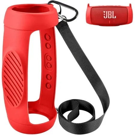 COMECASE Silicone Case Cover for JBL Charge 5 Waterproof Portable Bluetooth Speaker with Shoulder Strap and Carabiner - Red