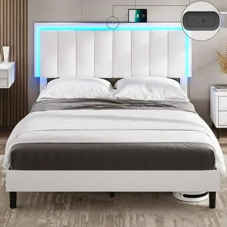 Queen Size LED Bed Frame with Adjustable Headboard,Vegan Leather Upholstered Queen Platform Bed, No Box Spring Needed, Noise Free, Easy Assembly, White