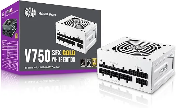 Cooler Master V750 SFX Gold White Edition Full Modular, 750W, 80+ Gold Efficiency, ATX Bracket Included, Quiet FDB Fan, SFX Form Factor, 10 Year Warranty