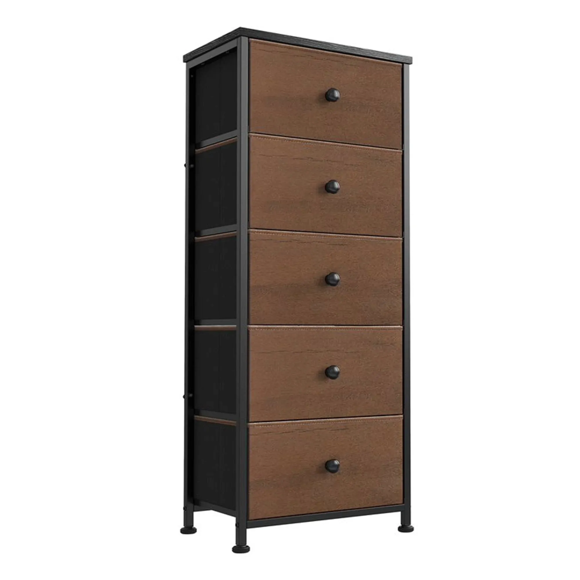 REAHOME Vertical Narrow Metal Tower Dresser w/ 5 Fabric Drawer Bins, Espresso