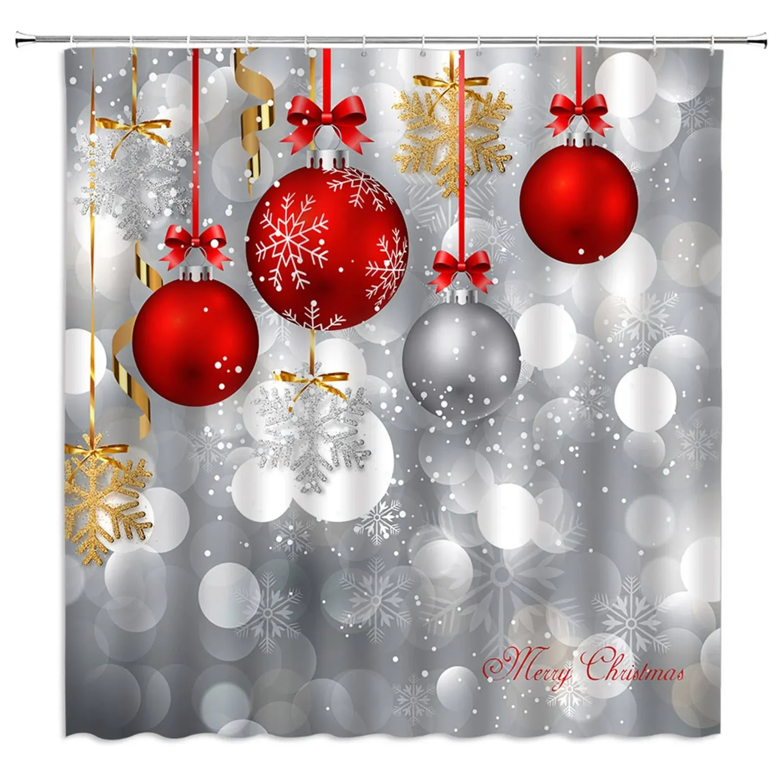 Merry Christmas Shower Curtain Xmas Red Christmas Ball Silver Background Snowfla