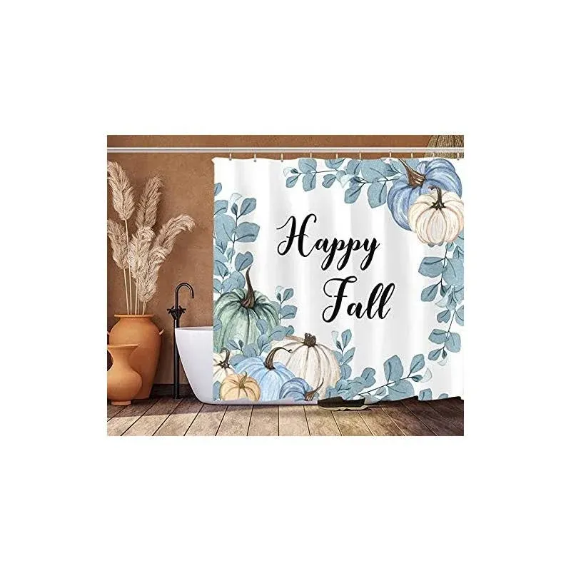 Happy Fall Pumpkins Shower Curtain Sets Blue Leaves White Pumpkin Thanksgiving F