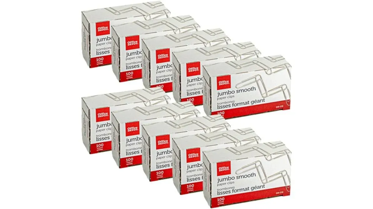 Office Depot&reg; Brand Paper Clips, Jumbo, Silver, Pack Of 10 Boxes, 100 Clips Per Box, 1,000 Total