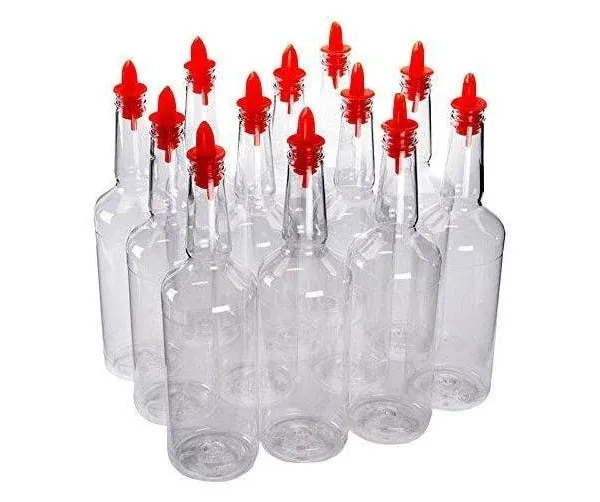 KCHEX Dozen (12) Plastic Long Neck Bottles with Pourer