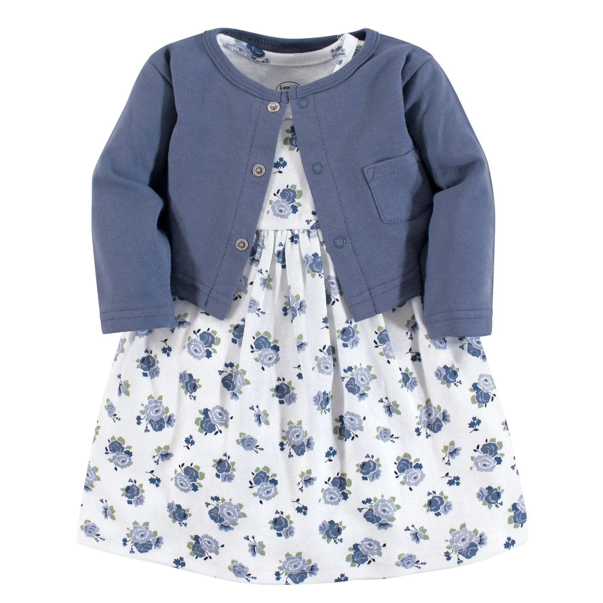 Luvable Friends Dress and Cardigan Set, Blue Floral