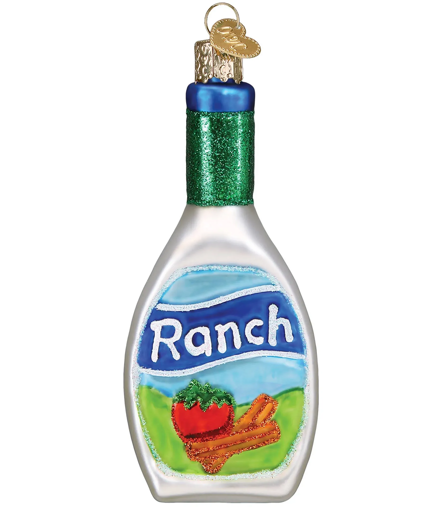 Creative Co-Op Hand-Painted Glass Ranch Dressing Bottle Ornament with Glitter, Multicolor