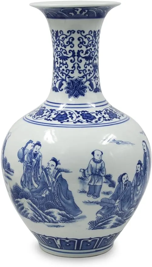 Dahlia Blue and White Vase Handmade Chinese Porcelain Flower Vase Eight Immor...