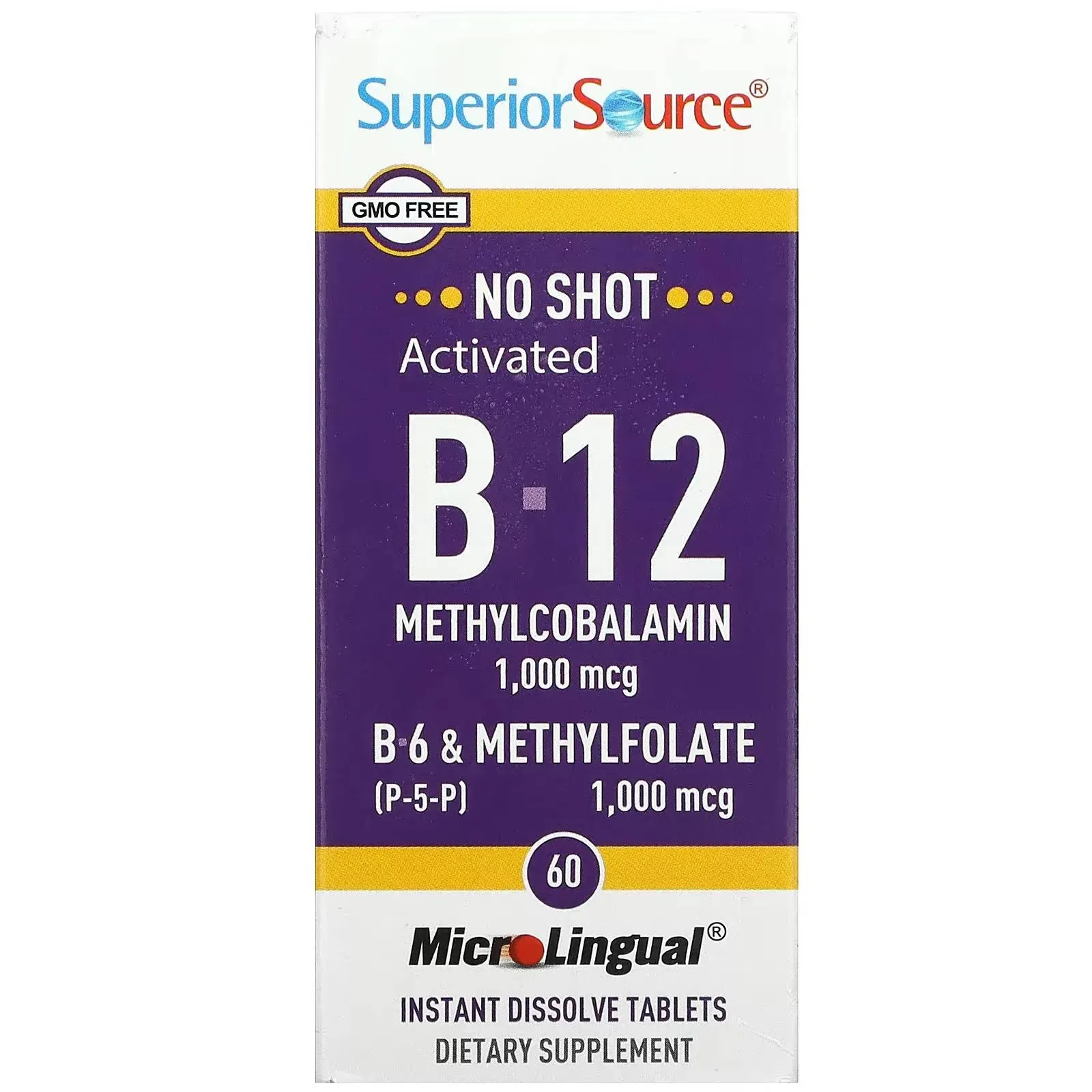 Superior Source No Shot Vitamin B12 Methylcobalamin (1000 mcg), B6, Folic Acid, Quick Dissolve Sublingual Tablets, 60 Ct, Increase Energy, Healthy Heart, Boost Metabolism, Stress Support, Non-GMO