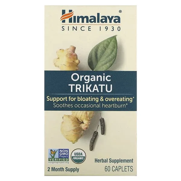 Himalaya Organic Trikatu, Herbal Supplement for Occasional Heartburn, Digestive Support, Gas, Bloating, Overeating, Ginger, Black Pepper, Non-GMO, USDA Organic, Vegan, 60 Plant-Based Caplets