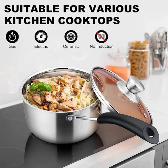 LIANYU 2QT Saucepan with Lid, 2 Quart Stainless Steel Sauce Pan, Small Pot Soup Milk Pan for Home Kitchen Restaurant, Long Heatproof Handle, Dishwasher Safe