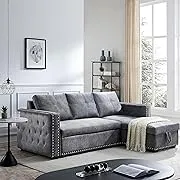 Morden Fort Sectional Sleeper Sofa with Pull Out Bed Storage, Queen Size 91 inches Sofa Bed, L-Shape Sectional Couch with Comfy Chaise Seat Sectional Sleeper Couch for Living Room, Velvet Grey