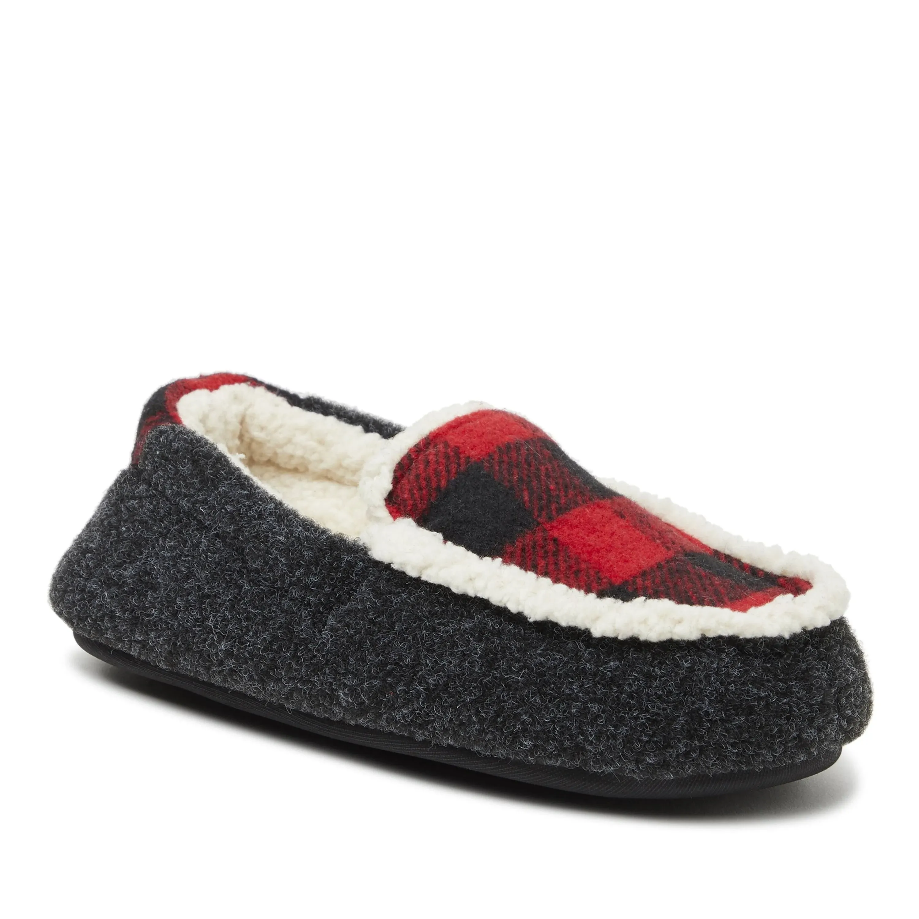 Dearfoams Kids Slippers Size 11-12 Plaid Moccasin Felted Microwool Memory Foam