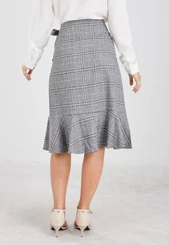 chouyatou Women&#039;s Elegant Work Wear Adjustable Waist Flounce A-Line Plaid Midi W