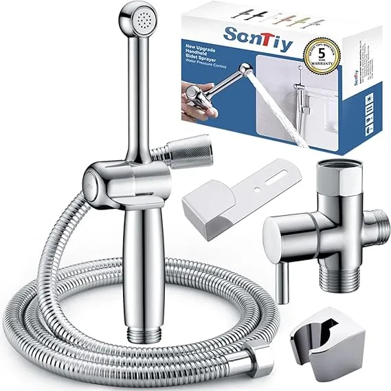 Bidet Sprayer for Toilet SonTiy,All Brass Bidet Attachment for Toilet UK with Backflow Preventer,Handheld Bidet Spray with Brass Valve Core for No-Leak,Ergonomic Pressure Control-Chrom