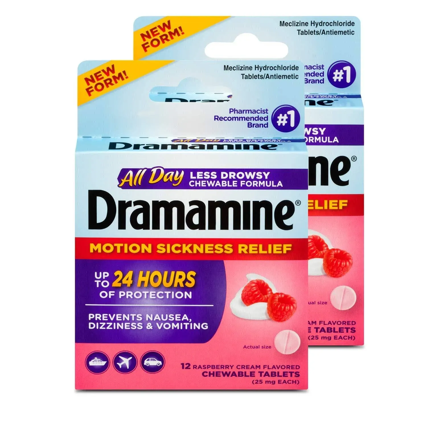 Dramamine Chewable Less Drowsy, Motion Sickness Relief, Raspberry Cream Flavor, 12 Count, 2 Pack